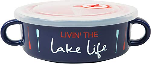 Pavilion Gift Company Livin' The River Life-13.5oz Stoneware Snack Soup Bowl with BPA Free Steam Release Lid, 13.5oz, Blue (Lake Life)