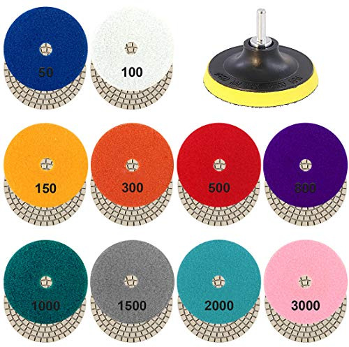 Glarks 10,2 cm 10 Pads 50 bis 3000 Körnung Nass Diamant Polierpads und Haken und 10,2 cm Schlaufe Rückseite Halter Scheibe mit 1/4 Zoll Schaft Set für Granit, Stein, Beton, Marmor, Travertin Polieren