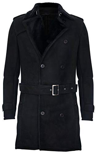 Infinity Leather Herren German Military Zweireiher Echtes Schaffell Wildleder Erbsenmantel