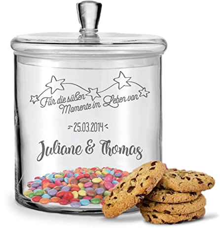 GRAVURZEILE Leonardo Keksglas mit Gravur - Keksdose Bonbonglas mit Deckel - Vorratsdose personalisiert mit Namen & Datum - Geschenk für Paare, zur Hochzeit als Geldgeschenk - Farbe: Süßigkeiten