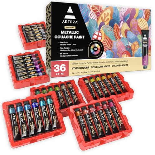 ARTEZA Metallic Gouache Paint, Set of 36, 12ml/0.4 US Fl Oz Gouache Paint Tubes, Glitter Paint for Canvas & Paper