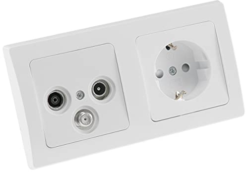 ChiliTec Steckdose mit Antennendose Delphi TV SAT Cable Unterputz, Weiß | 2-Fach Rahmen, UP Einbau Set, Wandabdeckung, Schutzkontaktsteckdose, Sat-Dose Kombination