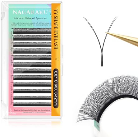 NAGARAKU YY Ciglia Extension 4D Ciglia a Forma di Y Ventagli Prefabbricati Volume Russo Premade Fans Naturale Eyelash Individuali Cluster Wispies Incrociate Ciglia Opaco Nero 12 File(0.07 C 8-12mm）