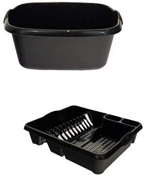 JMS we create smile 2 PIECE KITCHEN SET - LARGE DISH DRAINER & RECTANGLE WASHING UP BOWL 39 CM (Black)