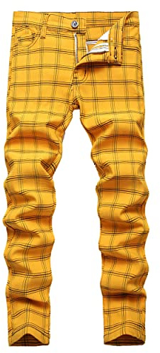 NOVOCCT Pantalon à Carreaux pour Homme – Pantalon habillé Skinny pour Homme – Coupe ajustée et Extensible – Chino décontracté pour Homme, Plaid Jaune et Noir, 46