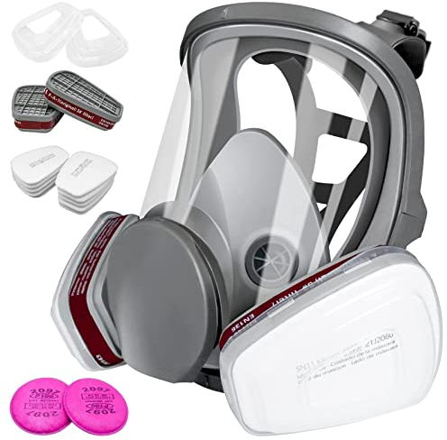 17 in 1 Full Face Respirator Reusable, Gas Cover Organic Vapor Respirator with 2097 Filter, 6001 Filter Box, Replaceable 5N11 Filters Cotton for Paint, Dust, Chemicals,Sanding Protection
