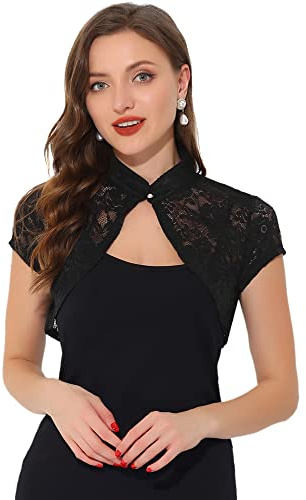 Allegra K Cárdigan de Encaje para Mujer, Cuello Alto, Corto, Elegante, con Frente Abierto, Recortado, Bolero, Negro -, Large