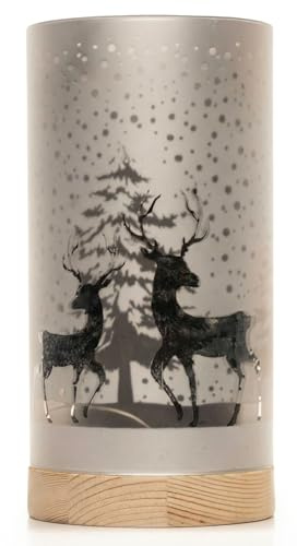 SHATCHI 20cm Christmas Decorated Vase Table Lamp Etched Glass Tube Forest Snowfall Scene Silver Cylinder LED Fairy Lights Battery Operated