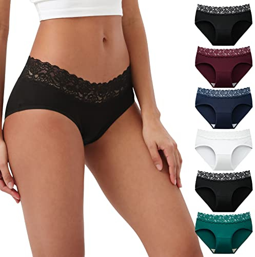 INNERSY Ladies Underwear Lace Knickers for Women Hipster Panties Pack of 6 | 100% Cotton Gusset, Soft Mid Rise Briefs, Elegant Delicate Waistband, Tag-free Pants, Comfy for Work, Sport, Sleep, Everyday