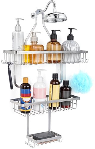 BELLE VOUS Argento portaoggetti da Doccia sospesa - 3 Livelli sospesa Mensola per Doccia con portasapone - 38 x 60 cm - con 3 Cestino e 10 Ganci -Mensola da Appendere per Shampoo, Accessori