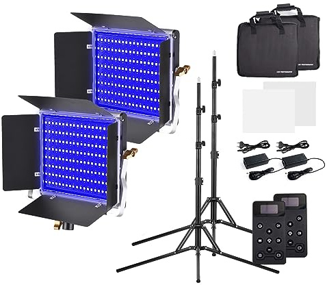 Andoer 2Pack W480RGB Luz de Fotografía Bicolor, Luz de Vídeo LED 2500-9000K Regulable Serie DC/NP Alimentado con Pantalla LCD Control Remoto de Visera y trípode para Gaming/Streaming/Zoom/Youtube