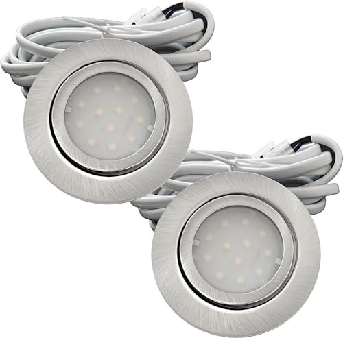 2er Set IP44 LED Möbeleinbauleuchten 12V extra flach 2,4W Einbaustrahler New Lina 200lm Edelstahl geb. 3000K Warmweiß Bohrloch: 54 bis 60mm, 2m Kabel mit AMP Stecker. Möbel, Küche, Bad, Decken usw. ✅