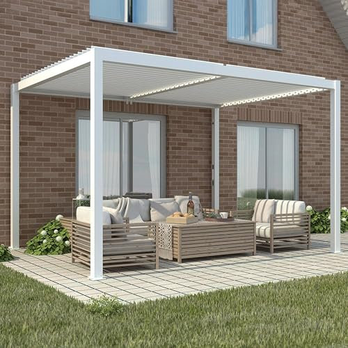 Primrose Deluxe Modern Patio Veranda Pergola Freestanding Carport White with Louvered Shutter Roof (3m x 3m)