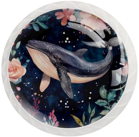 JAVENPROEQT Set di 12 pomelli rotondi in cristallo ad acquerello con balena subacquea e fiori, per cassettiera, armadio, armadio, con viti, decorazione per casa, ufficio, cameretta dei bambini