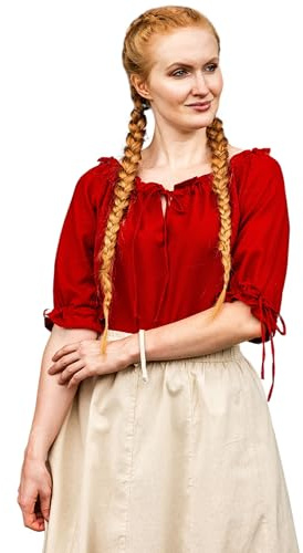 Leonardo Carbone® Damblus vera | axelfri | snörning | karneval, halloween, cosplay, LARP, medeltida blus, tunika, kostym, festival, evenemang | 100 % bomull, röd, S