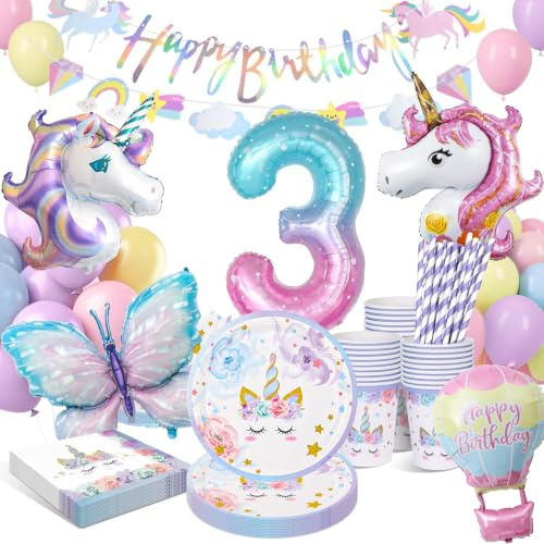 Unicorn Party Decorations for 16 Guests 3th Unicorn Birthday Decoration Set | Children's Party Tableware With Balloons Unicorn Balloons, Plates, Cups, Banner Napkins for Girls 3 Years Birthday Supplies