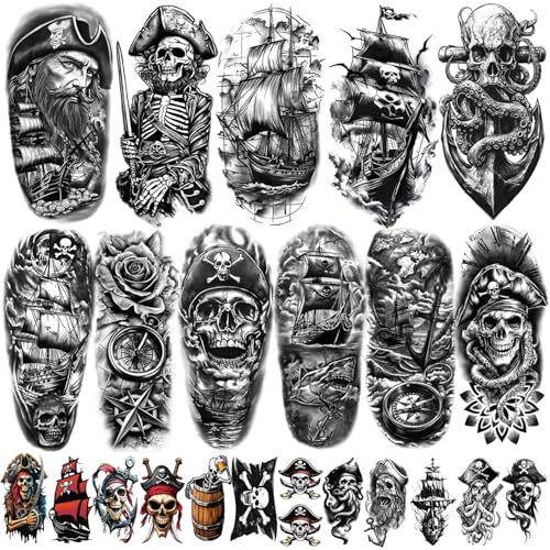 77 Sheets Pirate Tattoos Temporary Adult Men Kids Captain Pirate Ships Flag Sailor Anchor Sailboat Skull Fake Tattoos, Pirates Stickers for Costume Dress Up Makeup Party Accessories
