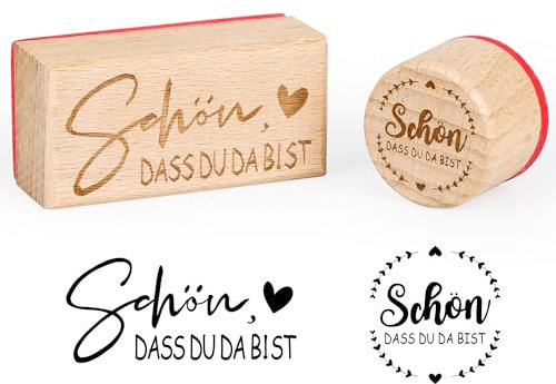 2er-Set Holzstempel „Schön, dass du da bist“ – Runde & rechteckige Stempel für Karten, Einladungen, Scrapbooking & Geschenkanhänger – Ideal für Konfirmation & Kommunion