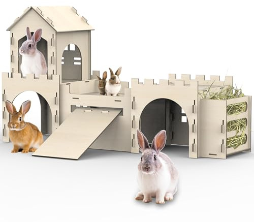Large Bunny House and Hideouts, Wooden Dual-Layer Rabbit Castle with Stair, Rubber Band-Free Setup - chew-Proof, Sturdy Habitat for Guinea Pig Chinchilla Ferret (Rabbit House with Hay Feeder)