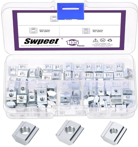 Swpeet Juego de 105 tuercas deslizantes en T de acero al carbono chapado en níquel de la serie 2020 M3 M4 M5 de 3 tamaños, tuercas de ranura en T para perfiles de aluminio 2020, carpintería, enrutador