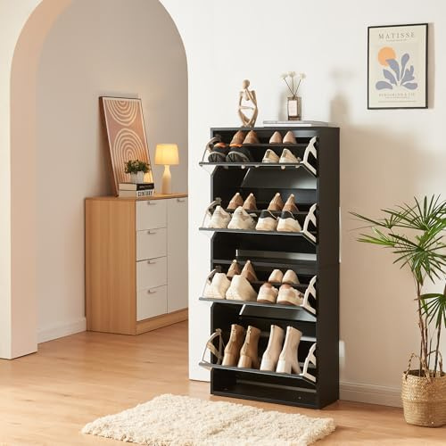 [en.casa] Schuhschrank Lund Schuhkipper mit 4 Klappen verspiegelt Schuhkommode für 16 Paar Schuhe 134 x 60 x 24 cm Schwarz