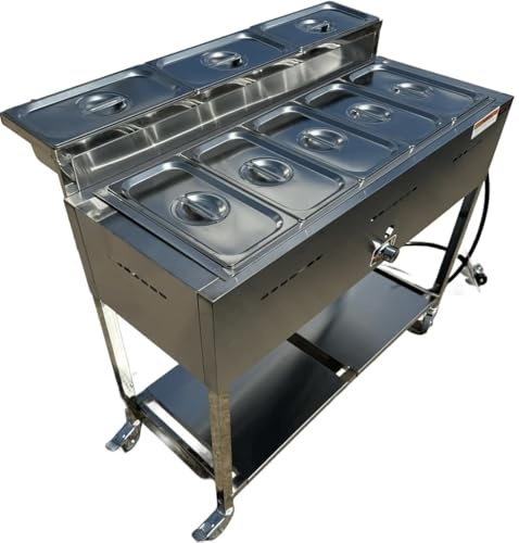 5 Pan Steam Table Food Warmer Cart | Heavy Duty Commercial Stainless Steel | Portable 4 Wheels | Outdoor Propane | 3 Condiment Containers | 8 Total Standard 1/3 Pans (12” x 6” x 4”) | CSA Approved | Catering, Home, and Backyard Use