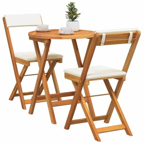 vidaXL Set de bistró Plegable de 3 Piezas con Cojines, Mesa Redonda y sillas de Madera sólida de Acacia. Muebles de Comedor para Exteriores, diseño Minimalista Ideal para tu terraza o jardín.