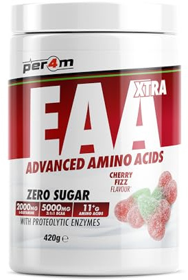 Per4m EAA Xtra/Amino Xtra | 30 Servings of Full Spectrum EAA with Proteolytic Enzymes | Vegan Friendly | Zero Sugar Amino Acid (420g, Cherry Fizz)