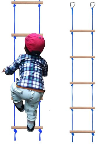 Rope Ladder for Kids, Ninja Warrior Obstacle Course Accessories - Heavy Duty Wooden Climbing Ladder with 2 Hooks for Treehouse, Swing Set, Trampoline & Playground (5-Step, 120kg Capacity) (Blue)