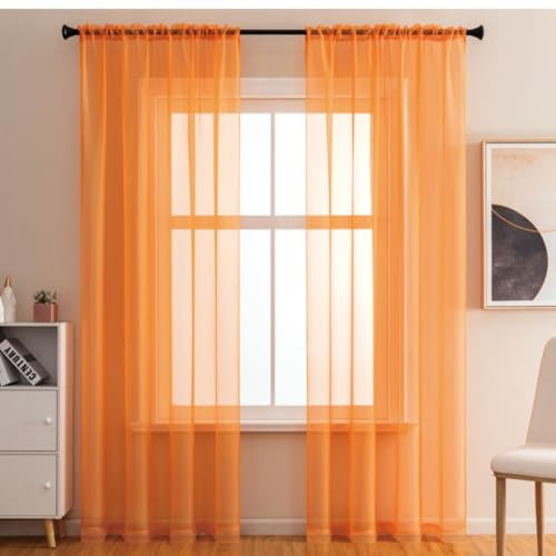 Lukery Transparent Vorhänge Wohnzimmer 2er Set, Scheibengardinen Lang Halbtransparent Gardinen Vorhänge Durchsichtig für Fenster Küche Wohnzimmer Landhaus (Orange,100x200cm)
