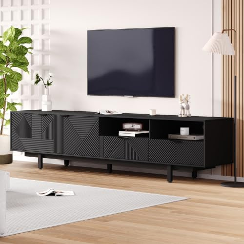 Merax TV Schrank 200 cm, Lowboard mit Geometrischem Design in Schwarz, 5 Metallfüßen, 90 Zoll TV Board, Mehr Stauraum & Kabelmanagement für Wohnzimmer Möbel