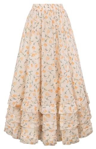 Maxi Skirts for Women Floral Chiffon Elastic High Waist Flowy Ruffle Long Skirt with Pokets Yellow Floral S