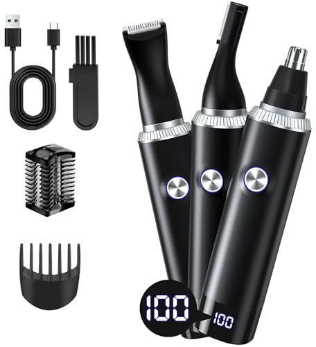 FONCOOD Nasenhaartrimmer Herren 3 in 1–USB wiederaufladbarer Nasenhaarschneider,Ohrhaartrimmer & Augenbrauen-Trimmer Set mit Digitalem Display & Schmerzfrei–Ideal für Reise, Gesichtspflege