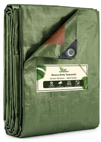 GARDENIX Tarpaulin 2m x 4m Green Brown Heavy Duty 200gsm -eyelets every 50 cmTarpaulin Waterproof Tarp Sheet Cover, Groundsheet, Multipurpose, Reinforced