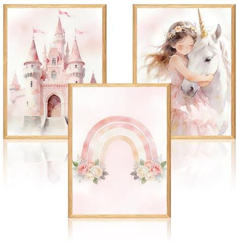 Aurelx 3 Stück Bilder Kinderzimmer Deko, Kinderzimmer Deko Mädchen Prinzessin Einhorn Schloss Regenbogen, Rosa Wanddeko Kinderzimmer, 30x40 Cm Wanddeko für Kleine Mädchen, Ohne Rahmen