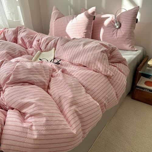 Sedefen Bettwäsche 155x220 Rosa Gestreift Streifen Wendebettwäsche Mädchen | ÖKO-TEX Zertifiziert,Aesthetic Bettwäsche für Allergiker,4 Jahreszeiten Set,Bettbezug 1 Kissenbezüge 80x80 mit Reißverschluss