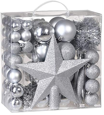 DEUBA® Weihnachtskugeln 77tlg Ø 3-7cm Kunststoff matt glänzend Christbaumkugeln Christbaumschmuck Anhänger Weihnachtsbaumkugeln Weihnachtsdeko Silber