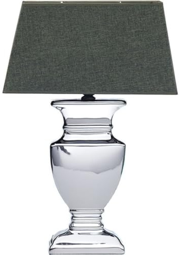 Tischlampe Tischleuchte Keramiklampe 43 cm - Fuß: Silber - Schirm: Grau Stoffschirm Nachttischlampe mit Kabelschalter – Platzsparende für Schlafzimmer, Wohnzimmer, Büro – Dekolampe E27 Leselampe