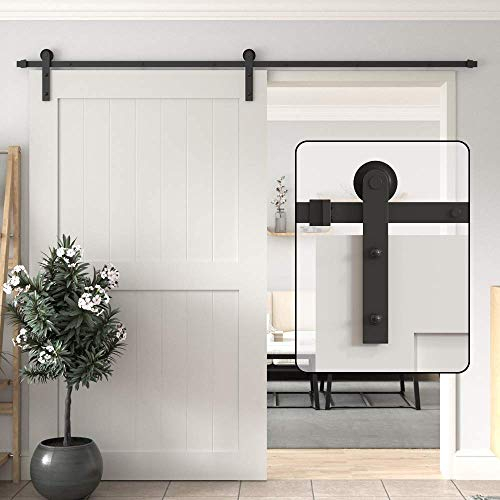 WINSOON 9FT/274CM Sliding Door Track System Barn Door Hardware Sliding Door Kit for Single Wood Door, Frosted Black Carbon Steel I Shape Hanger