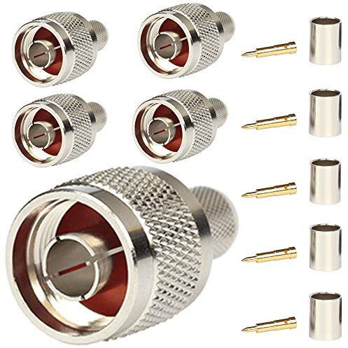 5 connettori di tipo N maschio sfilettato su spina coassiale, connettore per LMR400 RG8 Belden 9913, 50 Ohm, a bassa perdita RF, cavo coassiale.
