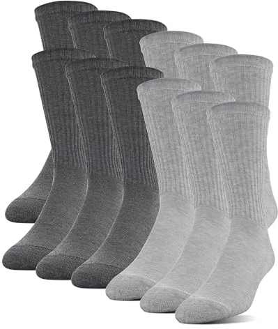 Gildan Men's Polyester Half Cushion Crew Socks, 12-Pairs, Grey, Shoe Size: 6-12
