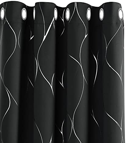 Deconovo Verdunkelungsvorhänge mit Ösen Dicke Thermovorhang Kälteschutz Thermogardine Hitzeschutz, Blickdichte Gardinen, Moderne Vorhang für Wohnzimmer, 138x117 cm(HöhexBreite), Schwarz, 2er Set