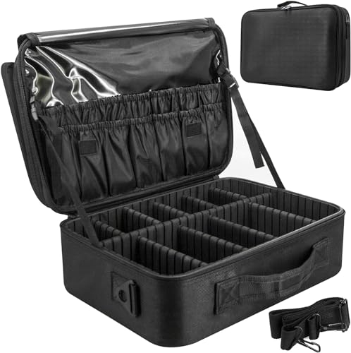 Makeup Bag Make up Case: Large Travel Cosmetic Case Organiser - Professional Portable Makeup Storage Bags for Toiletry - Make Up Artist Tool Brush Vanity Beauty Box with Adjustable Dividers | Black