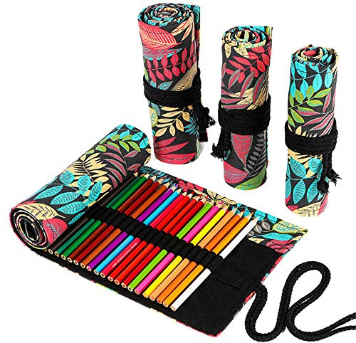 VIONNPPT Große Kapazität Leinwand Erwachsene Bleistift Wrap Rolle Fall Halter, tragbare Färbung Bleistift Halter Veranstalter Rolle Lagerung für Farbige Bleistifte (Regenwald, 48 Holes)