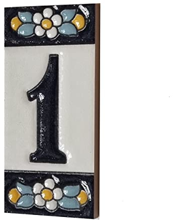 Piastrelle in ceramica con numeri e lettere, motivo floreale blu, dimensioni delle piastrelle: 7,5 cm x 3,5 cm (numero 1)