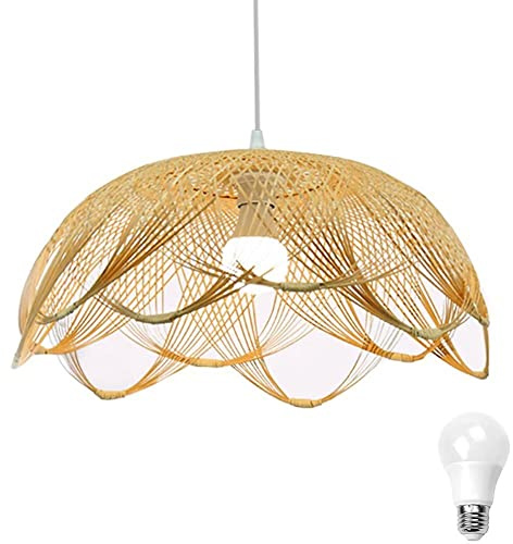 GUANSHAN Lampadario in bambù intrecciato a mano a forma di fiore Lampadario in bambù naturale Lampada da soffitto a soffitto, lampadario in stile rurale per camera da letto, sala da pranzo, soggiorno