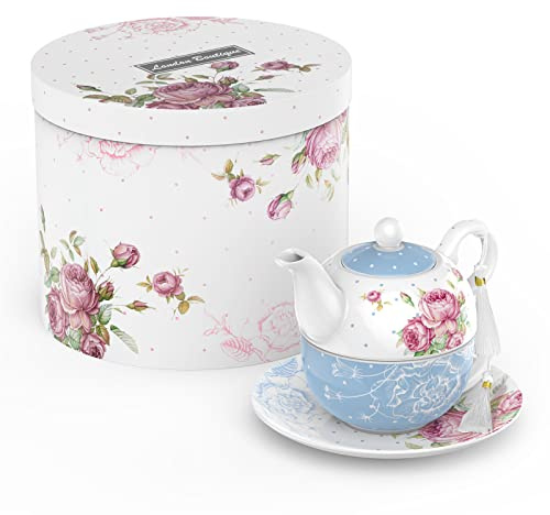 London Boutique Te för en tekanna tekopp fat set gåvor för kvinnor teservis för 1 nytt ben porslin vintage flora-present till henne 350 m (blå)