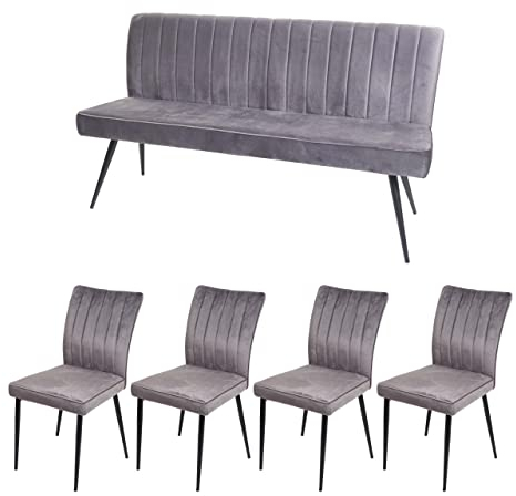 Esszimmer-Set HWC-K16, 4er-Set Stuhl+Sitzbank Esszimmergruppe Sitzgruppe Esszimmergarnitur, Samt Metall - dunkelgrau