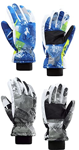 Century Star Kids Snow Gloves Warm Waterproof Gloves for Girls Boys Winter Gloves for Kids Ski Gloves Waterproof 2 Pairs Black Print & Blue 8-14 Years
