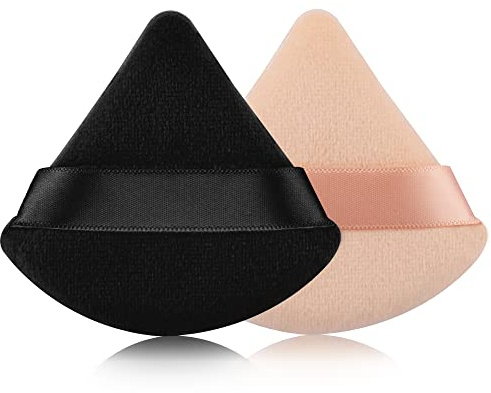 2 Pcs EVAOUXIU Triangle Powder Puff for Face Powder, Soft Plush Setting Powder Puff, Velour Cosmetic Foundation Blender Sponge Beauty Makeup Tools (Black&Nude)